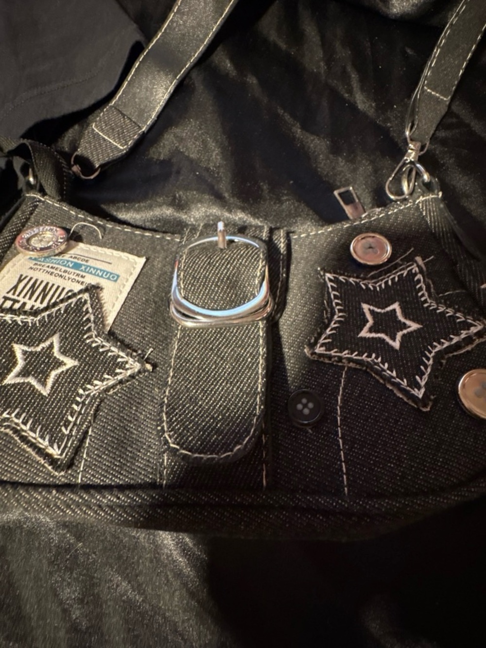 SHEIN Black Star-Appliqué Denim Shoulder Bag